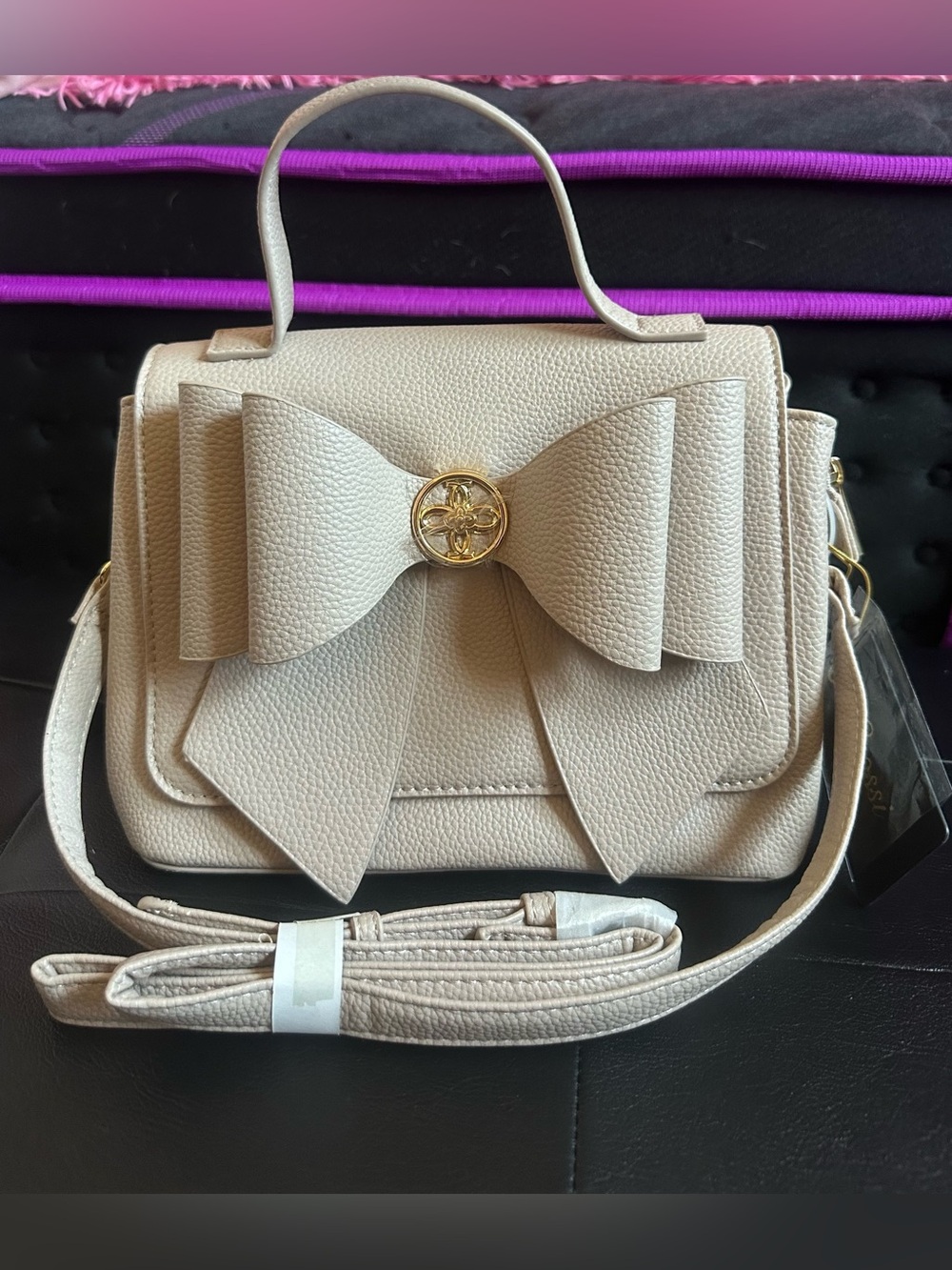 Crossi NY Vegan Leather Crossbody Bag Cream Beige Coquette Top Handle Purse